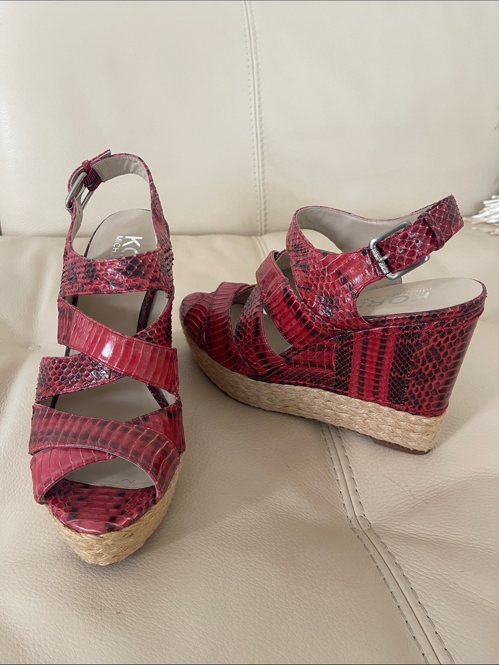 KORS Michael Kors Red Snake-Print Espadrille Wedge Sandals